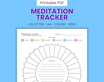 Meditation Tracker Printable Coloring Page - Mindfulness Routine, Anxiety & Stress Relief, Monthly Mental Health Log, Digital Download PDF