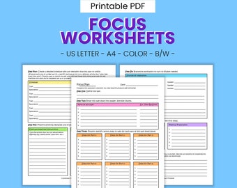 Focus Plan Printable Worksheets - Productivity & Procrastination Management, ADHD Attention Self Help, Goal Planner, Digital Download