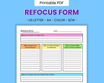 Refocus Form Printable Worksheet - Productivity & Procrastination, Attention Improvement, Focus Aid, Task Management, Digital Download PDF