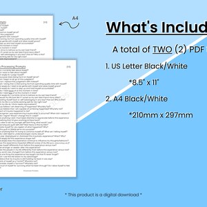 May include: Two printable PDF files of trauma processing prompts. The first file is 8.5 inches by 11 inches and the second file is 210mm by 297mm. Both files are black and white.
