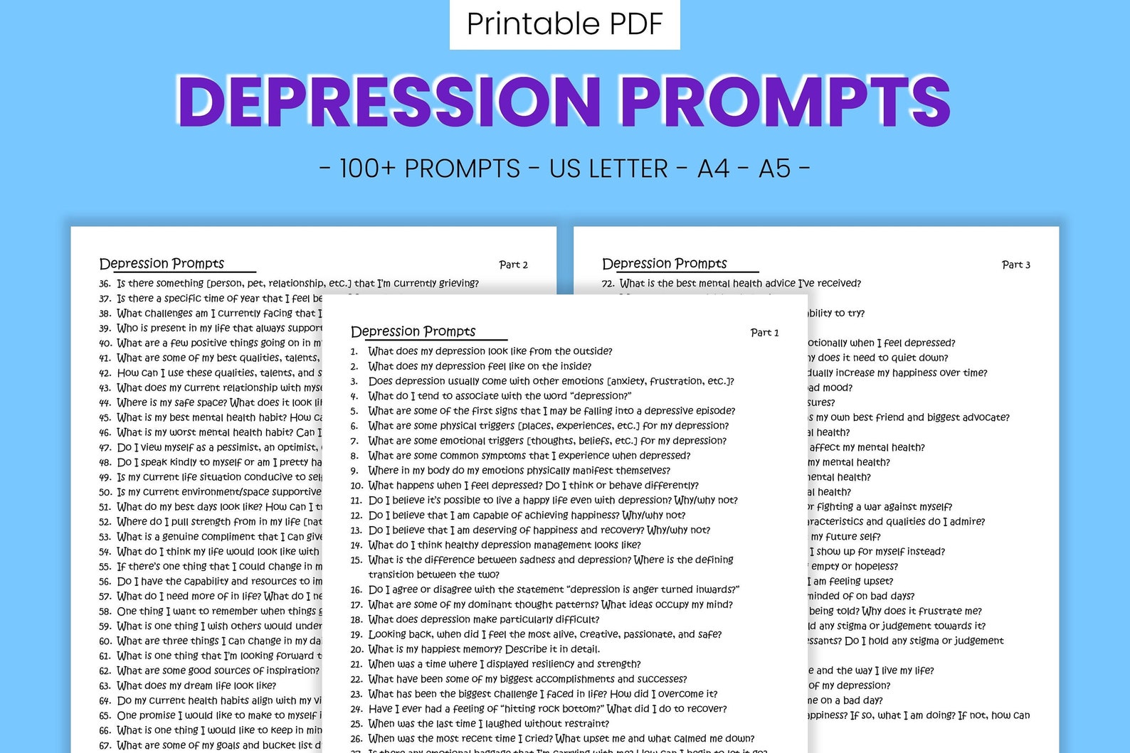 Depression Journal Printable Prompts 100 Writing Prompts Etsy