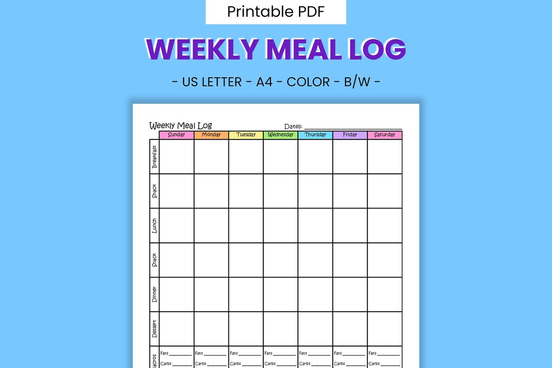 Weekly Meal Log Printable Chart Nutrition Record, Diet Tracker, Food ...