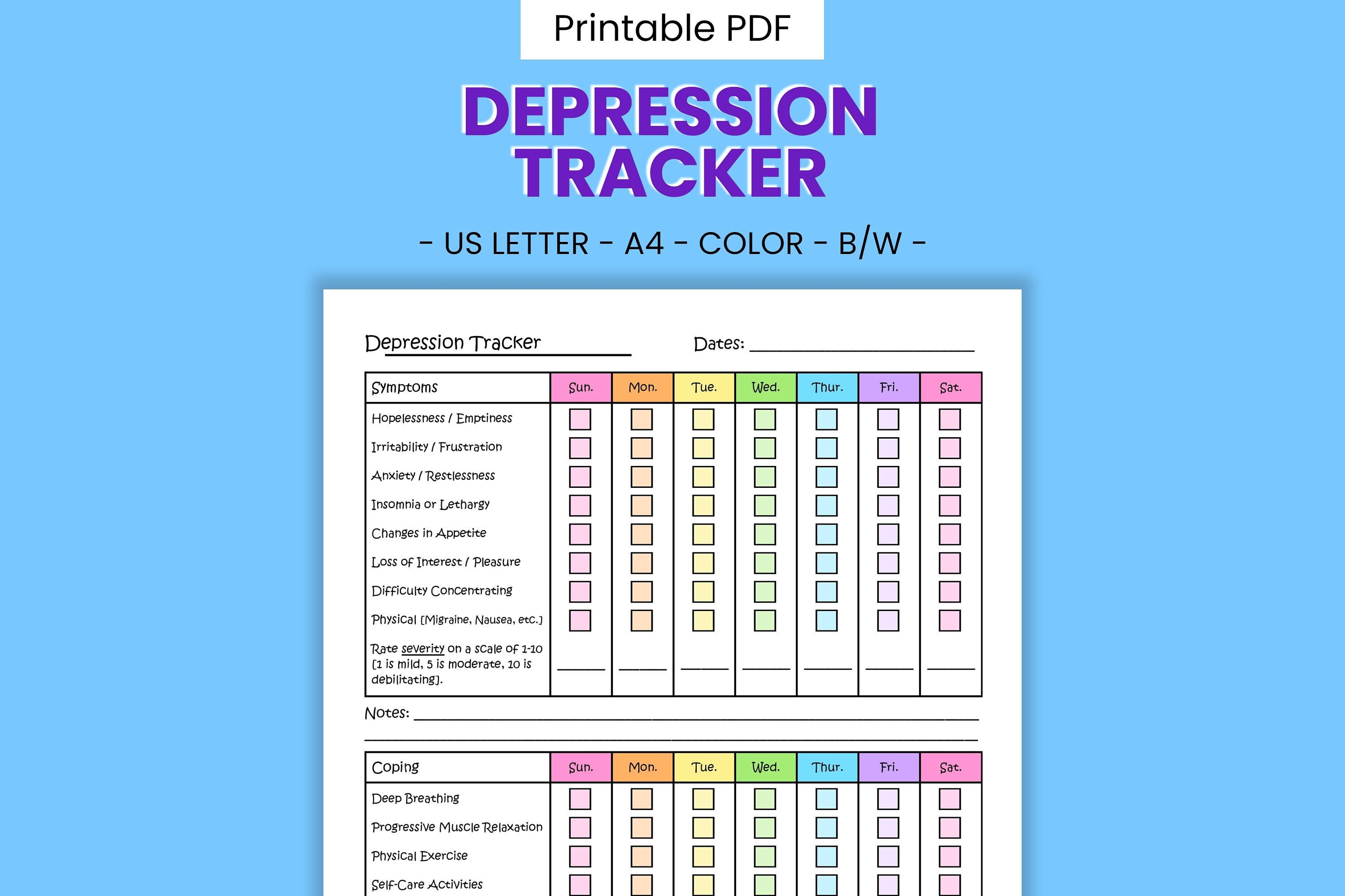 Depression Tracker Printable Weekly Chart - Mental Health Log, Daily ...
