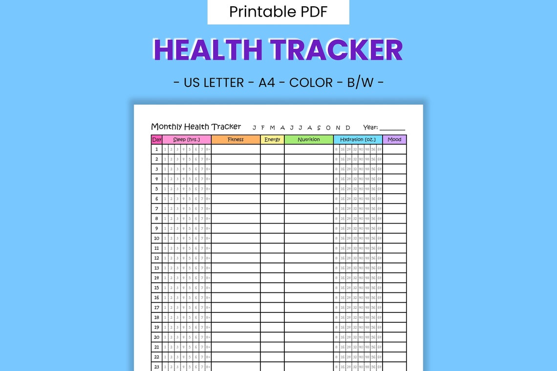 Monthly Health Tracker Printable Chart Daily Wellness Habits, Recovery ...