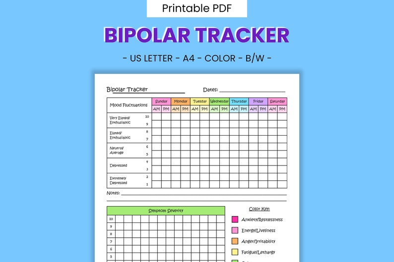 Bipolar Disorder Printable Mood Tracker Symptom Record, Mania ...