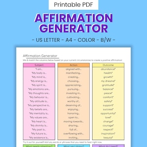 May include: A printable PDF affirmation generator document featuring three columns labeled Subject, Action, and Outcome. The columns contain lists of phrases in pink, orange, and yellow boxes. The header text reads Affirmation Generator.