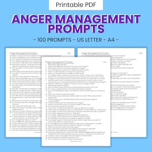 May include: A black and white printable PDF document with the title "Anger Management Prompts" and 100 prompts for managing anger. The document is divided into three sections, each with a different set of prompts.