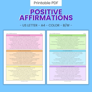 Op de afbeelding: Printbaar PDF-document met een lijst van positieve affirmations, verdeeld in categorieën: Zelfvertrouwen & Succes, Zelfliefde & Lichaamsbeeld, Dankbaarheid & Mindfulness, Groei & Verandering, Gezondheid & Welzijn en het Verwerken van Moeilijke Emoties. Het document is in US Letter-formaat en beschikbaar in kleur en zwart-wit.