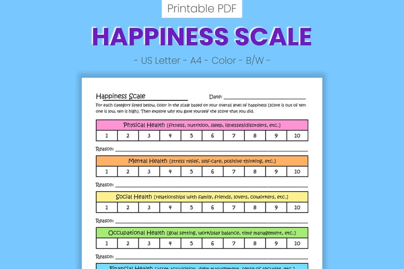 Happiness Scale Printable Worksheet Life Satisfaction Score Etsy Hong