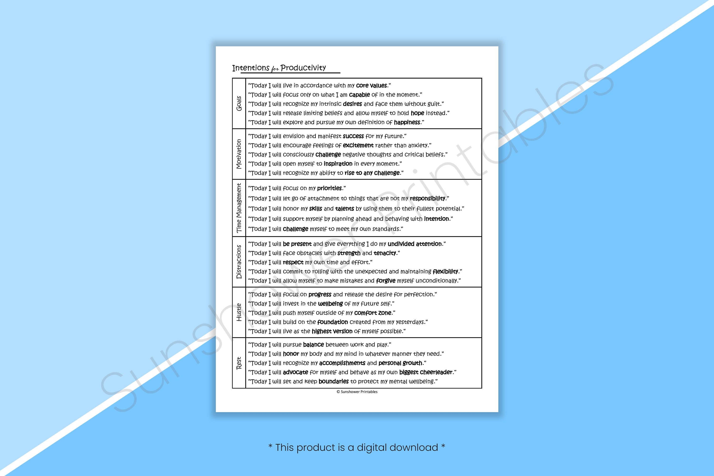 List of Productivity Intention Statements - Printable Goal Inspiration ...