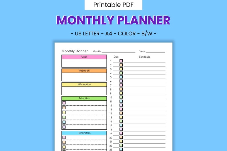 Monthly Planner Printable Schedule - Daily Task Agenda, Weekly Priority ...