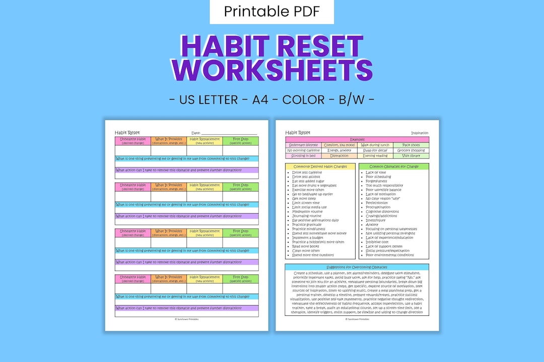 Habit Reset Printable Worksheets Goal Setting, Lifestyle Improvement