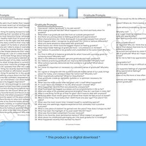 May include: Two pages of printable gratitude prompts for journaling. The prompts are in black text on a white background. The pages are framed by a blue border.