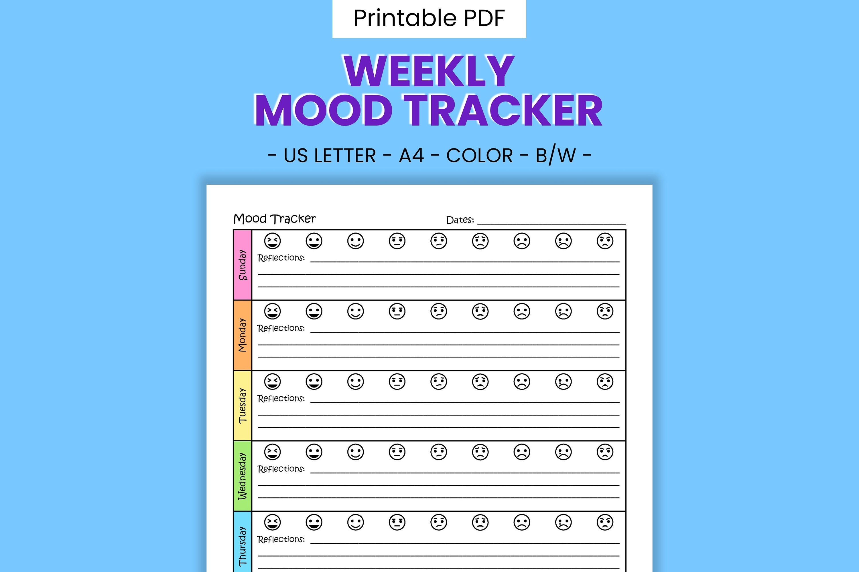 Mood & Emotion Printable Tracker - Daily Feelings Management, Weekly Mental Health Diary, Emotion Wellness Therapy Journal, Digital Download