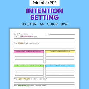 Puede incluir: Documento PDF imprimible con el título "INTENTION SETTING" en texto morado y blanco. Incluye secciones para intenciones diarias, actitud y reflexiones con preguntas como "¿Qué espero lograr hoy?" y "¿Qué fue lo peor de ayer?"