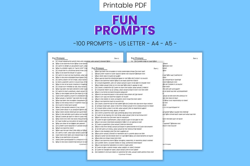 Fun Journal Writing Prompts 100 Printable Questions Silly Etsy