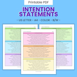 May include: A printable PDF document with a list of intention statements for different categories, including productivity, self-love, inspiration, and gratitude. The document is designed in a colorful, modern style with a light blue background.