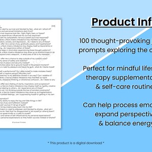 May include: A blue and white digital download product for journaling with the text "Chakra Prompts" and "Product Info: 100 thought-provoking journal prompts exploring the chakras". The text describes the product as perfect for mindful lifestyles, therapy supplementation, and self-care routines. It also states that the product can help process emotions, expand perspective, and balance energy.