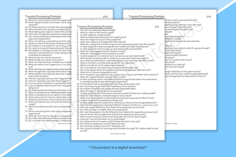 May include: A printable worksheet with trauma processing prompts. The worksheet is divided into three columns with questions to help process trauma. The questions are designed to help with self-reflection and understanding.