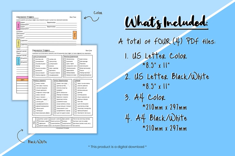 Depression Triggers Printable Checklist - Self Awareness Worksheet, Mental Health Questionnaire, Self Help Journal Prompts, Digital Download image 5