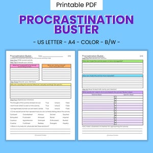 Op de afbeelding: Een printbare PDF getiteld Procrastination Buster, beschikbaar in US Letter en A4-formaat, in kleur of zwart-wit. Het document bevat twee pagina's met gestructureerde secties, schrijflijnen en selectievakjes om taken bij te houden.