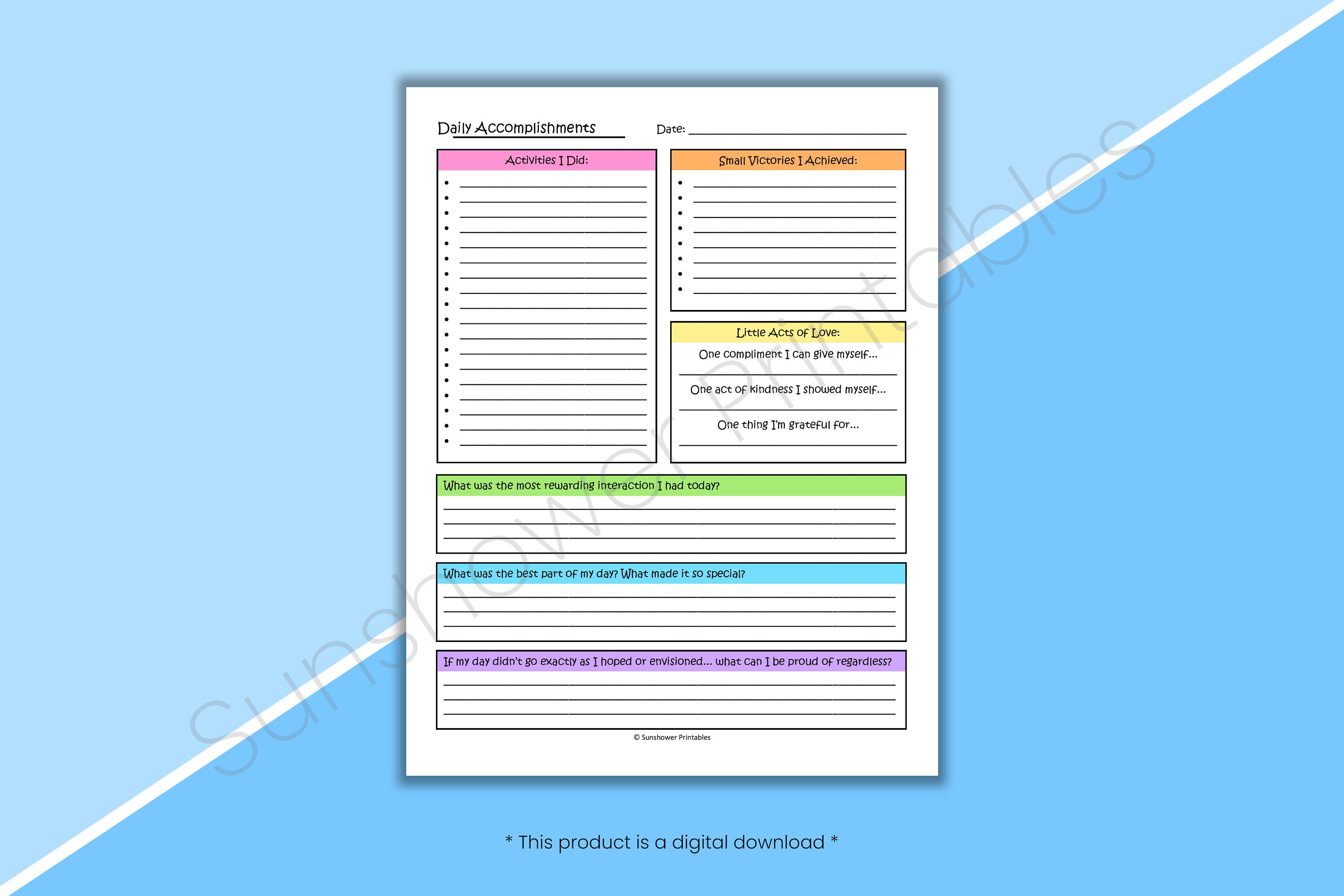 Daily Accomplishments Printable Journal Page - Gratitude Reflections ...
