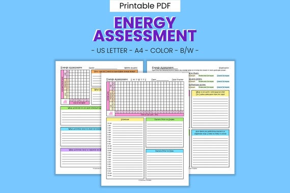 Energy Assessment Printable Productivity Planner - Daily Focus Worksheets, Weekly Self Motivation & Vitality Awareness, Digital Download PDF