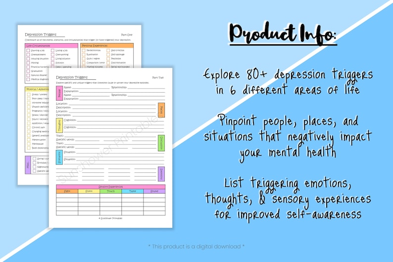 Depression Triggers Printable Checklist - Self Awareness Worksheet, Mental Health Questionnaire, Self Help Journal Prompts, Digital Download image 4