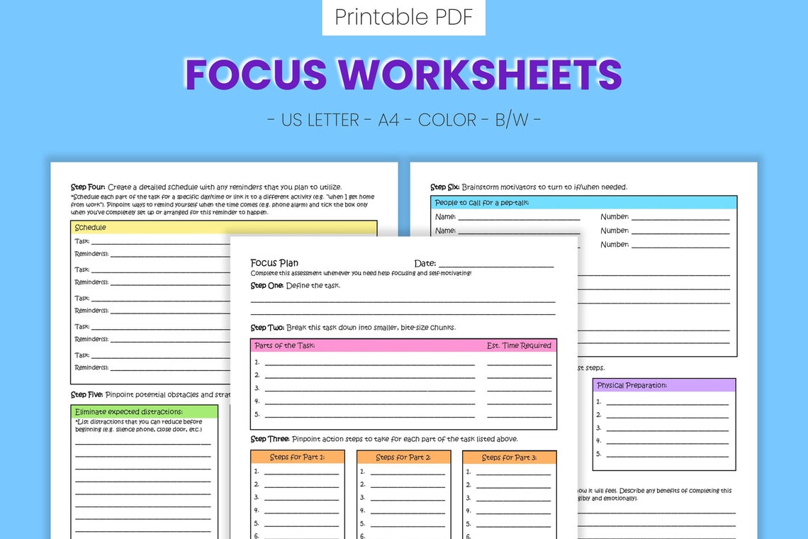 Focus Plan Printable Worksheets Productivity & Time - Etsy