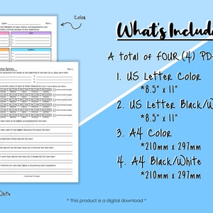 May include: A printable end-of-year review template in color and black and white. The template includes sections for goals, accomplishments, challenges, and reflections. It is available in US Letter and A4 sizes.