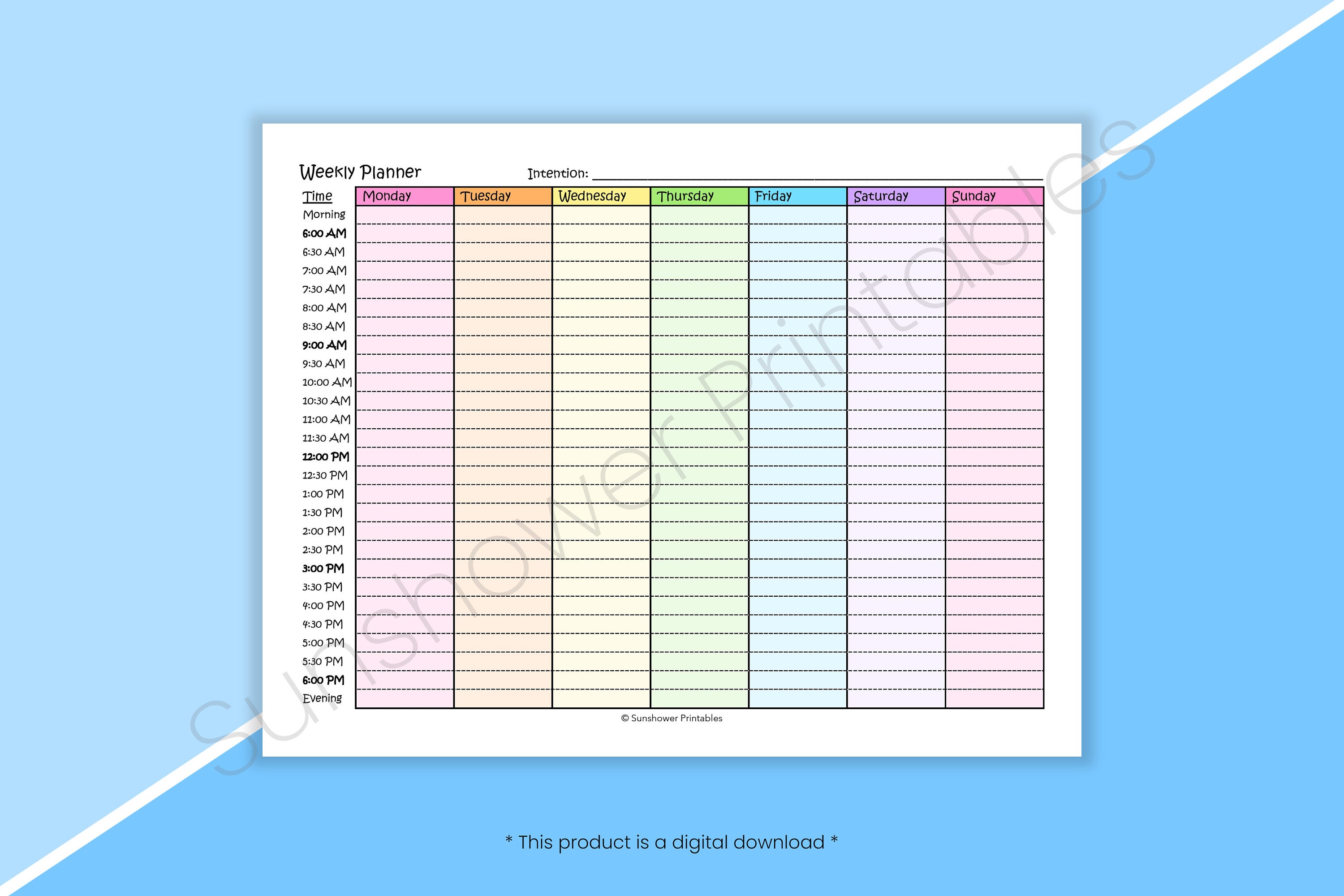 Printable 12-hour Interval Weekly Planner 30 Minute Agenda, Daily ...