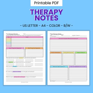 Pode incluir: Modelo de notas de terapia imprimível em PDF nos tamanhos US Letter e A4. O modelo inclui seções para planejamento pré-terapia e notas pós-terapia. O modelo está disponível em cores e em preto e branco.