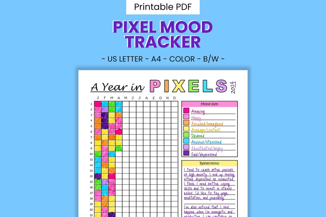Printable Pixel Mood Tracker Mental Health &amp; Emotional Management ...