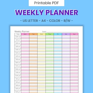 Weekly Planner Printable - 24 Hour Increment Schedule (PDF)