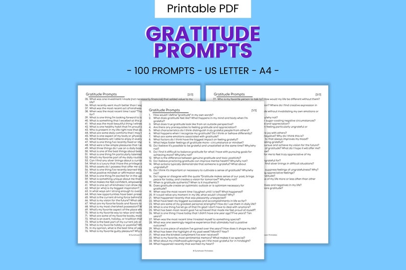May include: Printable PDF of 100 gratitude prompts, in US Letter and A4 sizes.  The prompts are organized into three columns on two pages, with a purple and teal color scheme.  The text 'Gratitude Prompts' is prominently displayed in a large purple font. Keywords: gratitude, prompts, printable, PDF, journal, self-care, mental health.