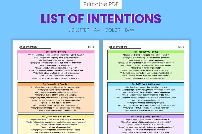 List of Intentions Printable Prompts Daily Inspiration Self Etsy