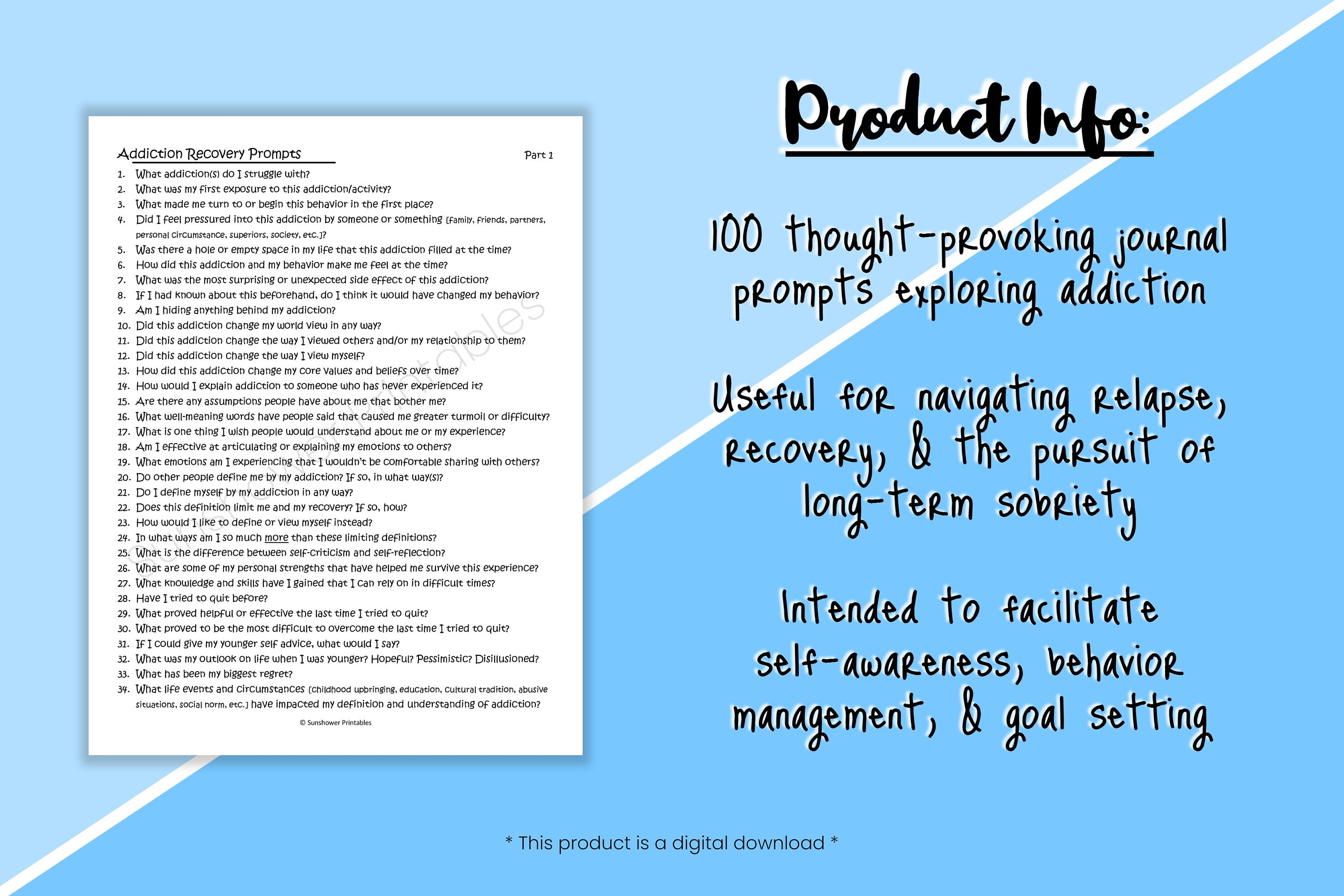 Addiction Recovery Journal Writing Prompts 100 Printable - Etsy