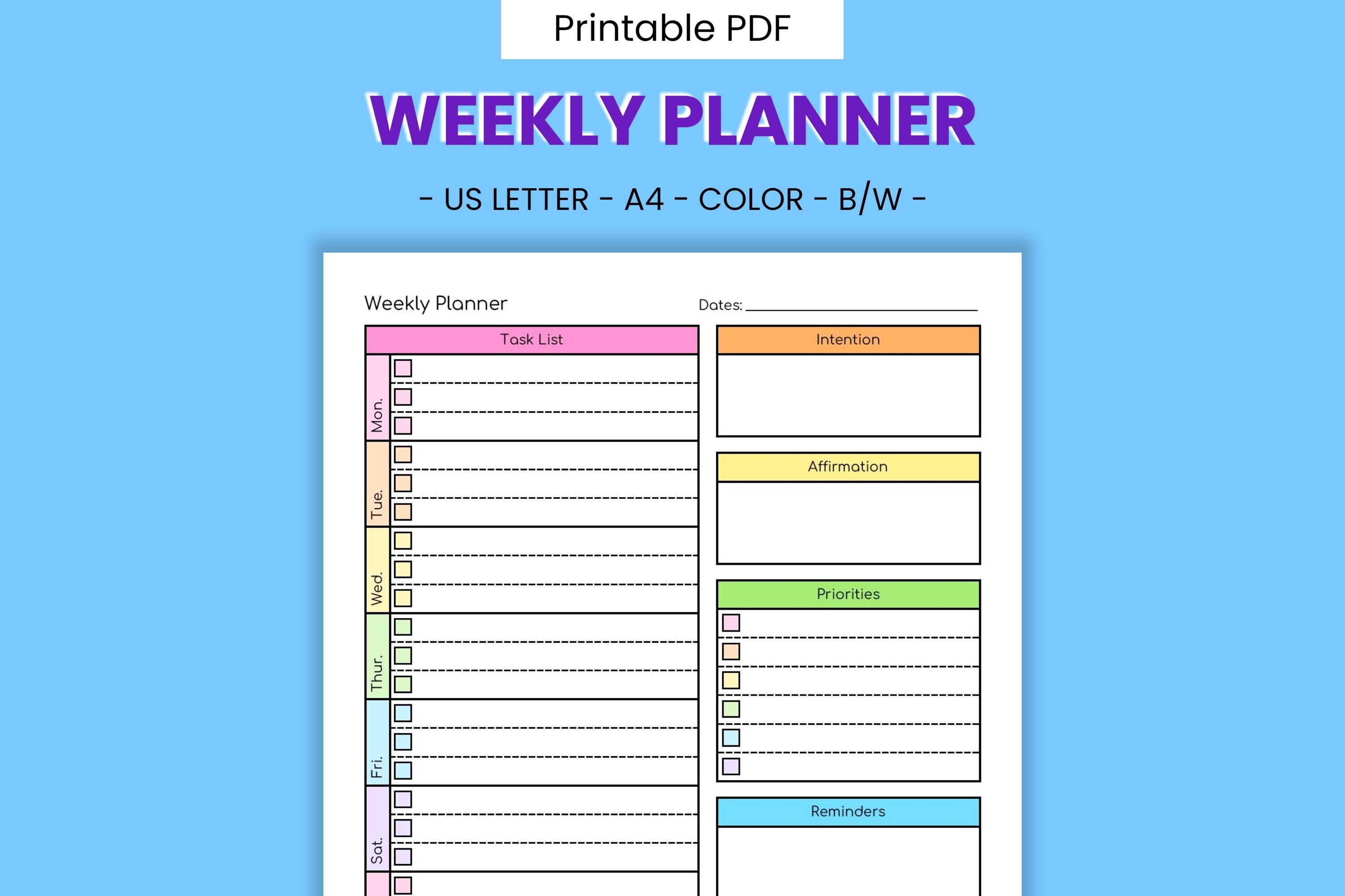Weekly Schedule Task Organizer Form.pdf Weekly Task Checklist Printable Planner - To-do List, Daily Time ...