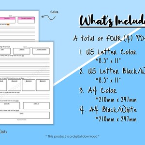 May include: Printable grounding practice worksheets in color and black and white. The worksheets include sections for listing grounding techniques, describing them in detail, and listing current emotions. The worksheets are available in US Letter and A4 sizes.