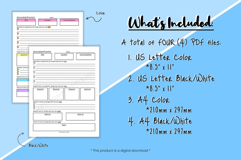 May include: Printable grounding practice worksheets in color and black and white. The worksheets include sections for listing grounding techniques, describing them in detail, and listing current emotions. The worksheets are available in US Letter and A4 sizes.