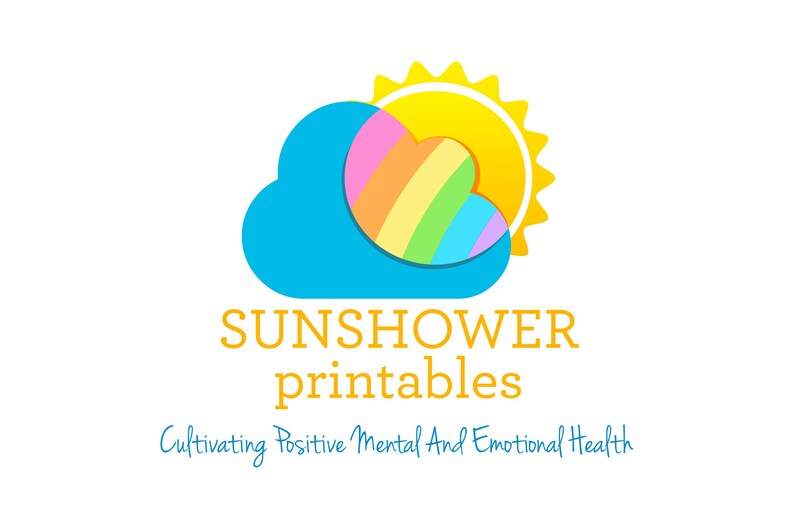 May include: A logo for Sunshower Printables, a company that cultivates positive mental and emotional health. The logo features a blue cloud with a rainbow heart inside, and a yellow sun shining above.