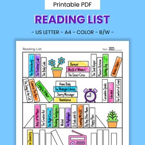 Puede incluir: Una lista de lectura imprimible con un diseño de estantería. La estantería está llena de libros coloridos con títulos como "The Midnight Library", "The Insect Crisis" y "The Seed Keeper". Hay un reloj, una planta en maceta y una radio en la estantería. El texto "Reading List" está en la parte superior de la página, y el año "2023" está en la parte superior derecha.