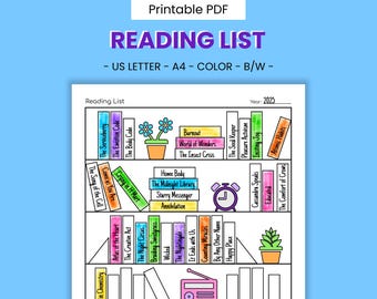 Reading List Printable Book Journal - Book Club Worksheet, Novel Log, Adult Coloring Page, Continuing Education, Fun Self-Improvement PDF