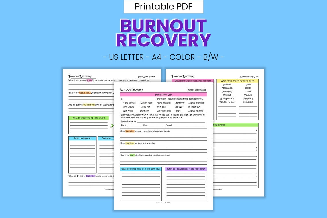 Burnout Recovery Printable Therapy Worksheets - Self-help Journal ...