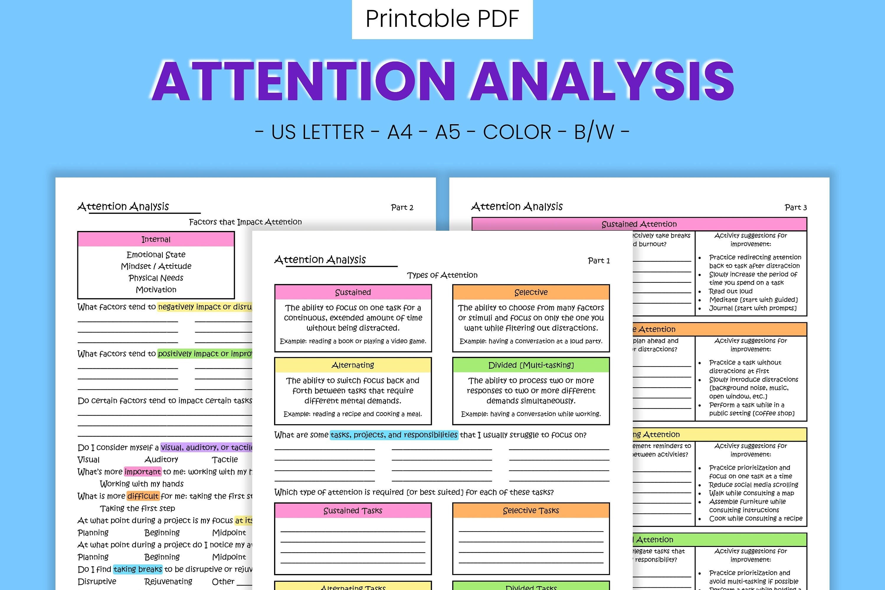 Attention Analysis Printable Focus Worksheets Productivity Etsy