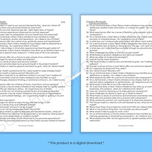 May include: Two pages of black and white text with the title "Chakra Prompts" at the top of each page. The text is in a sans-serif font and includes a series of questions related to the seven chakras.