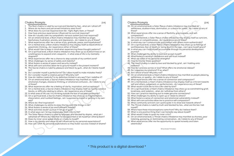 May include: Two pages of black and white text with the title "Chakra Prompts" at the top of each page. The text is in a sans-serif font and includes a series of questions related to the seven chakras.
