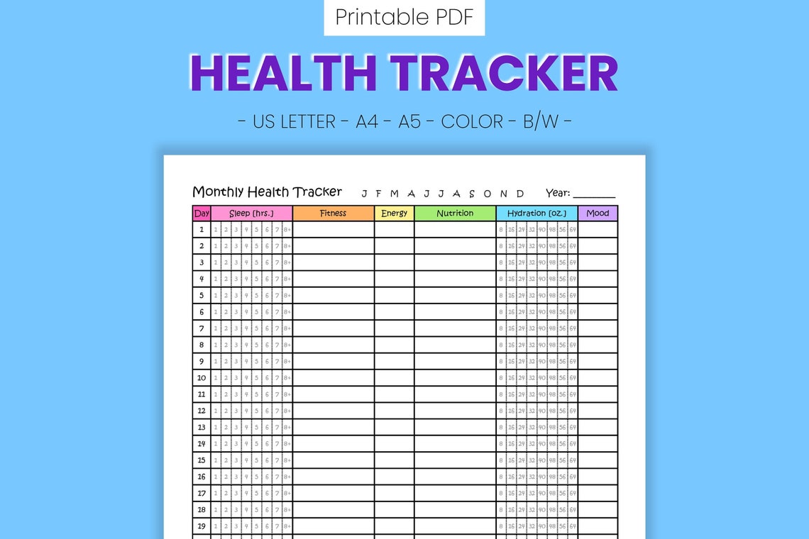 Monthly Health Tracker Printable Chart Daily Wellness Etsy