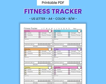 Fitness Tracker Printable Exercise Journal - Exercise Record, Weight-Loss Routine, Strength-Training Habit, Physical Activity Planner Page