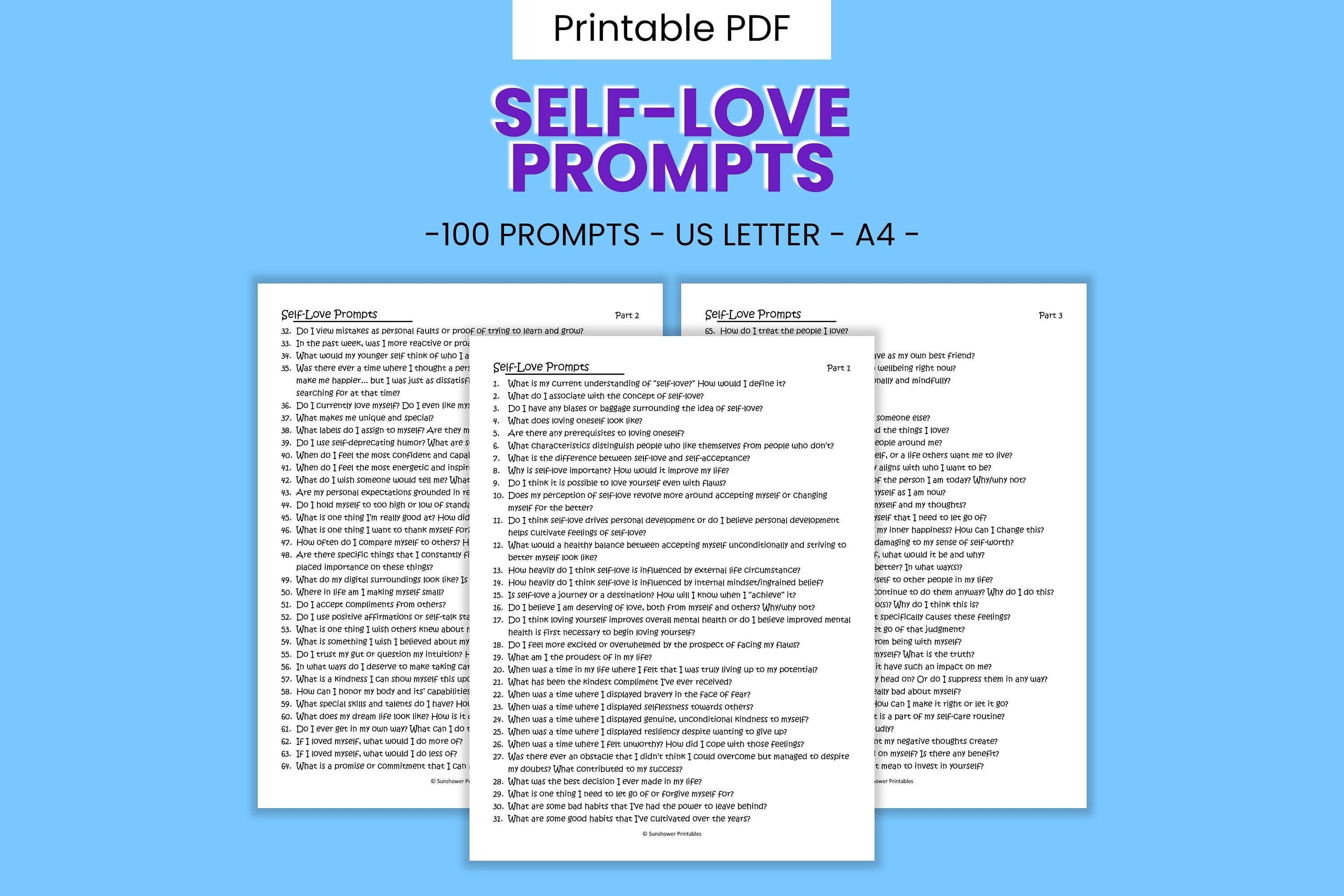 Self Love Journal Writing Prompts 100 Printable Questions, Confidence